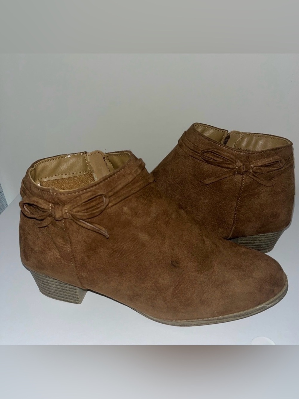 Women's Brown Suede Ankle Booties with Bow Detail